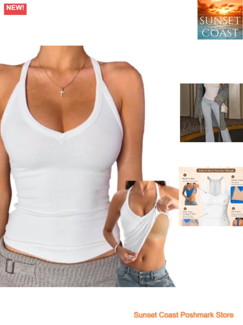 Women's V-Neck Cotton Tank Top with Built-in Shelf Bra Racerback Fitted Cami